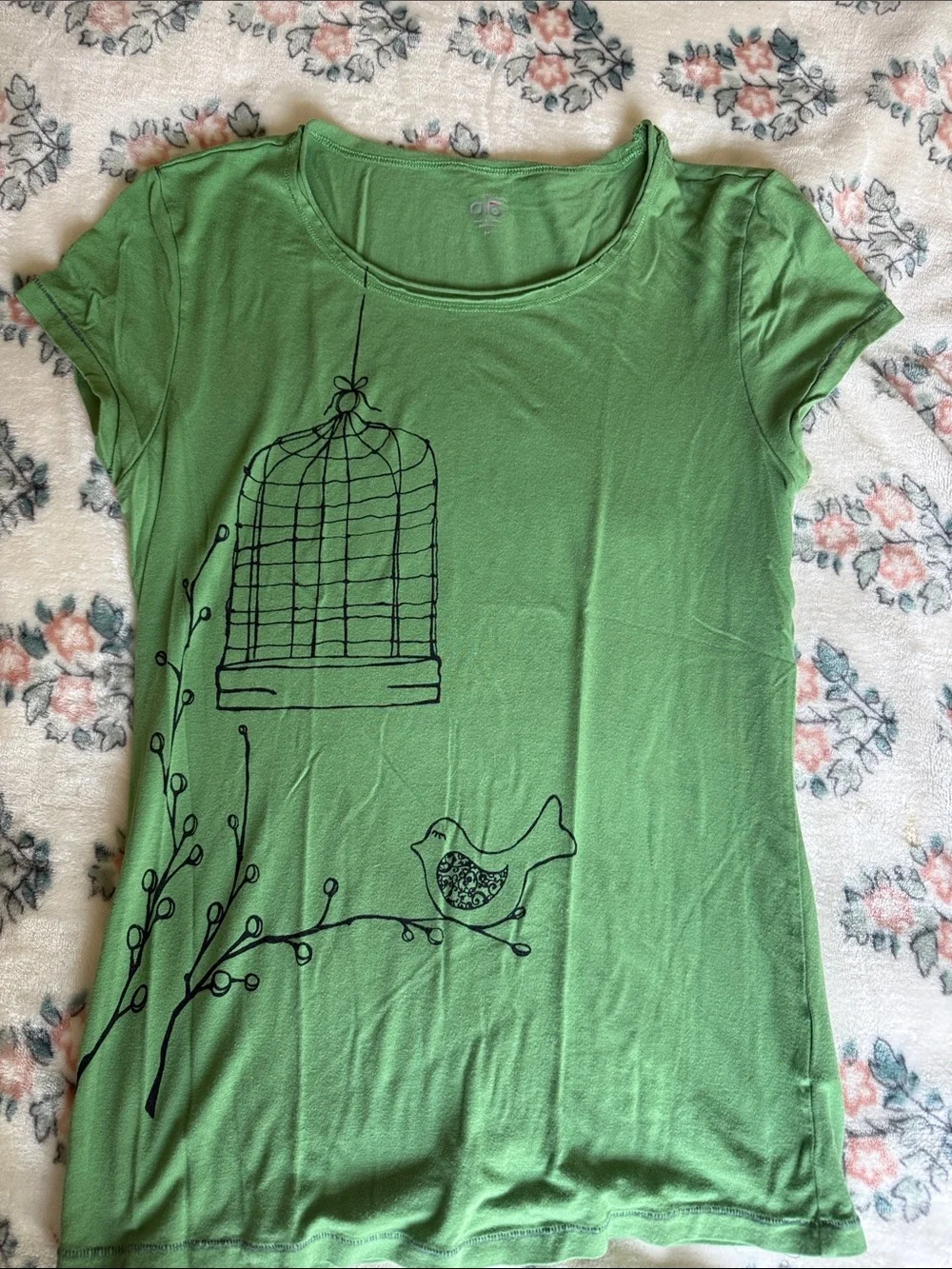 Vintage ALO Yoga Green Short Sleeve Tee with Bird and Cage Graphic